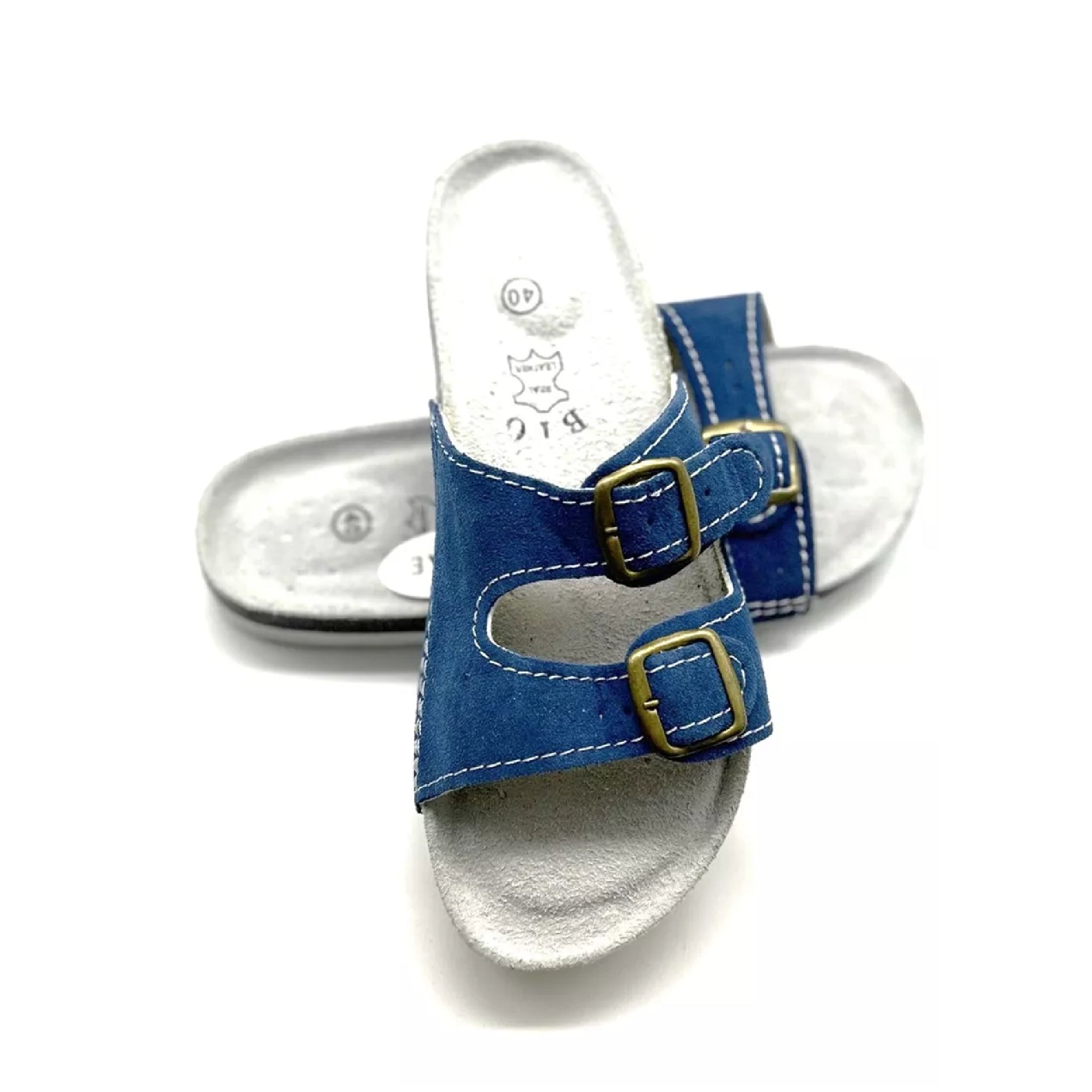 Ladies summer bio sandals slip on with double buckle in blue